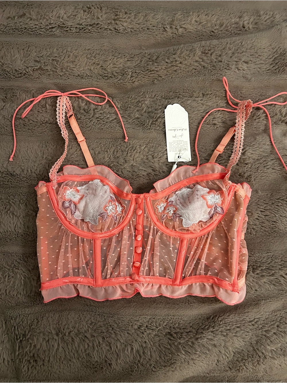 For Love And Lemons Coral Pink Sheer Lace Bustier Bralette